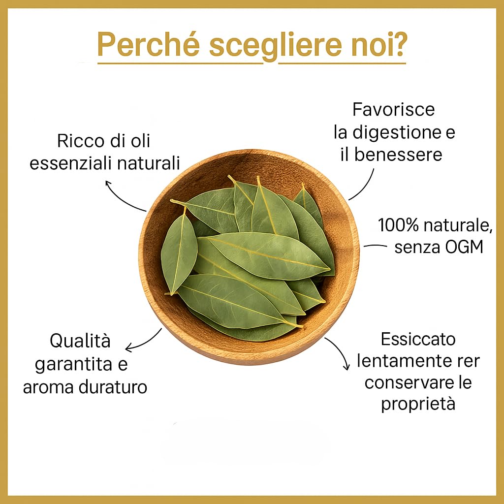 Foglie di Alloro Biologico 100gr Made in Italy – Erbe e Spezie Essiccate di Alta Qualità per Cucina – Aromatiche Naturali per Piatti Gourmet, Salse, Zuppe e Arrosti – 100% Italiane