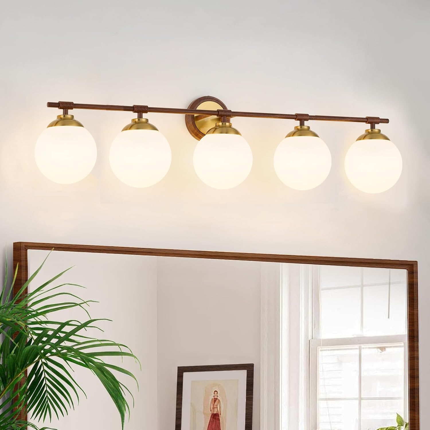 Walnut Bathroom Light Fixtures, ETL 5 Lights Vanity Lights Over Mirror with Milk Glass Soft Lighting 41 Inch Bathroom Sconces(Exclude E26 Bulb)