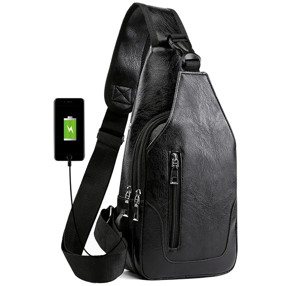Peicees Leather Sling Bag Mens Crossbody Bag Chest Bag Sling Backpack for Men with USB Charge Port