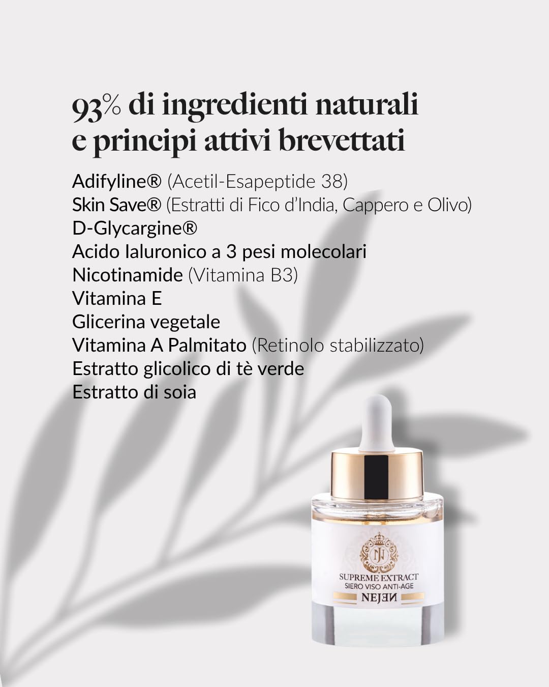 Nejen Supreme Extract Siero Viso Ultra-Lifting - Riduce Rughe e Macchie, Rassoda e Illumina - con Acido Ialuronico a 3 pesi, peptidi e il 93% di ingredienti naturali - Made in Italy