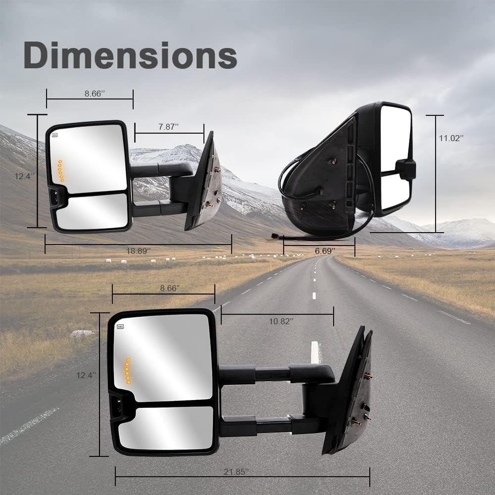 Towing Mirrors fit for 2007 2008 2009 2010 2011 2012 2013 2014 Chevy Silverado 1500 2500 3500 GMC Sierra Yukon Tahoe Power Heated Smoked Turn Signal Arrow Light Auxiliary Light Black Cap