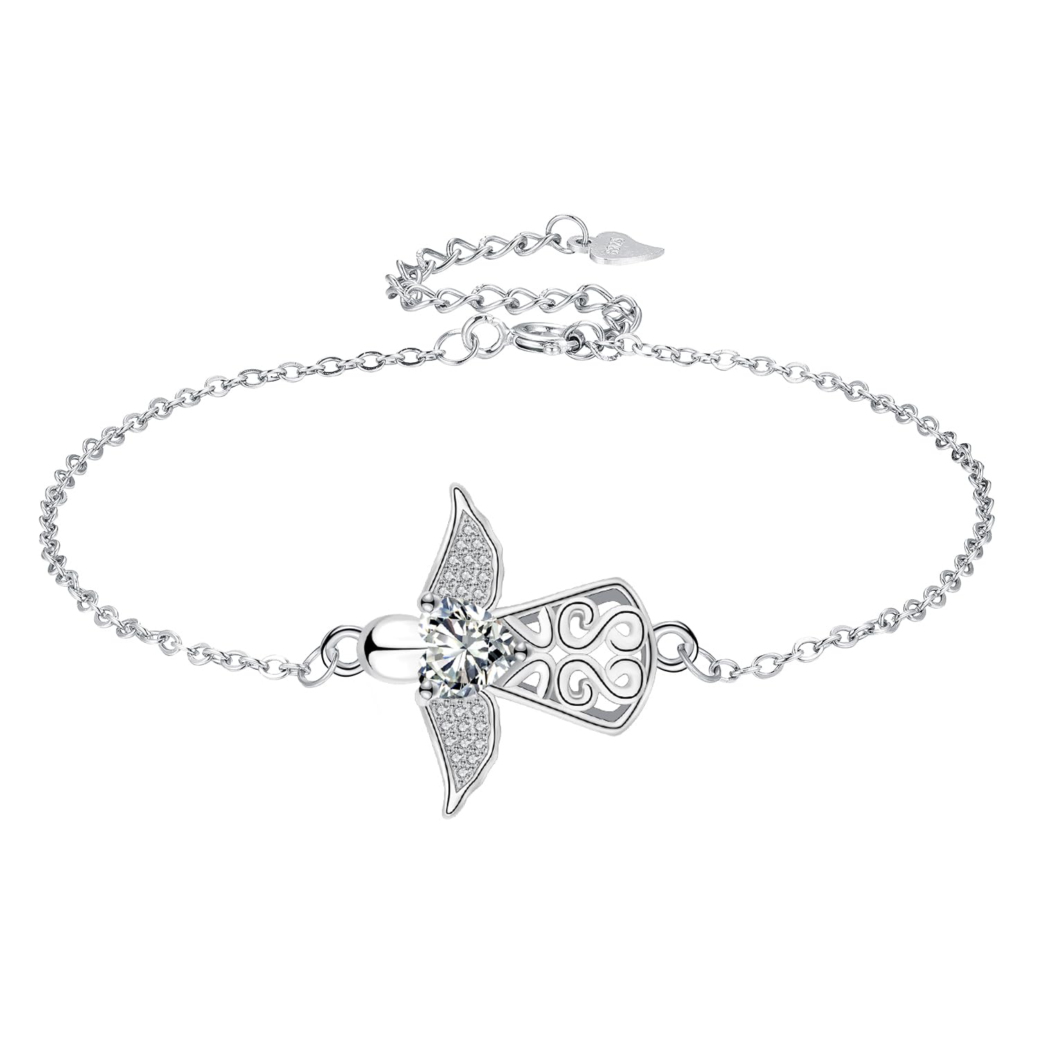 J.MUEN Pulseras de Ángel de la Guarda de Plata de Ley 925,Regalo de Joyería para Mujeres y Niñas, Ajustable 17+4cm Pulsera