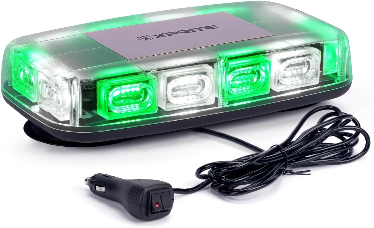 Xprite 12" Rooftop Mini Strobe Light Bar Magnetic Mount Emergency Safety Warning Caution Flashing Beacon Lights for Construction Security Vehicles Snowplow Trucks Postal Mail Cars - White & Green