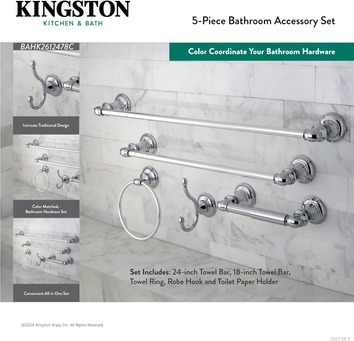 Kingston Brass BAHK2612478BB Provence Bathroom Hardware Set, Brushed Brass, 24 x 3.5 x 2.56