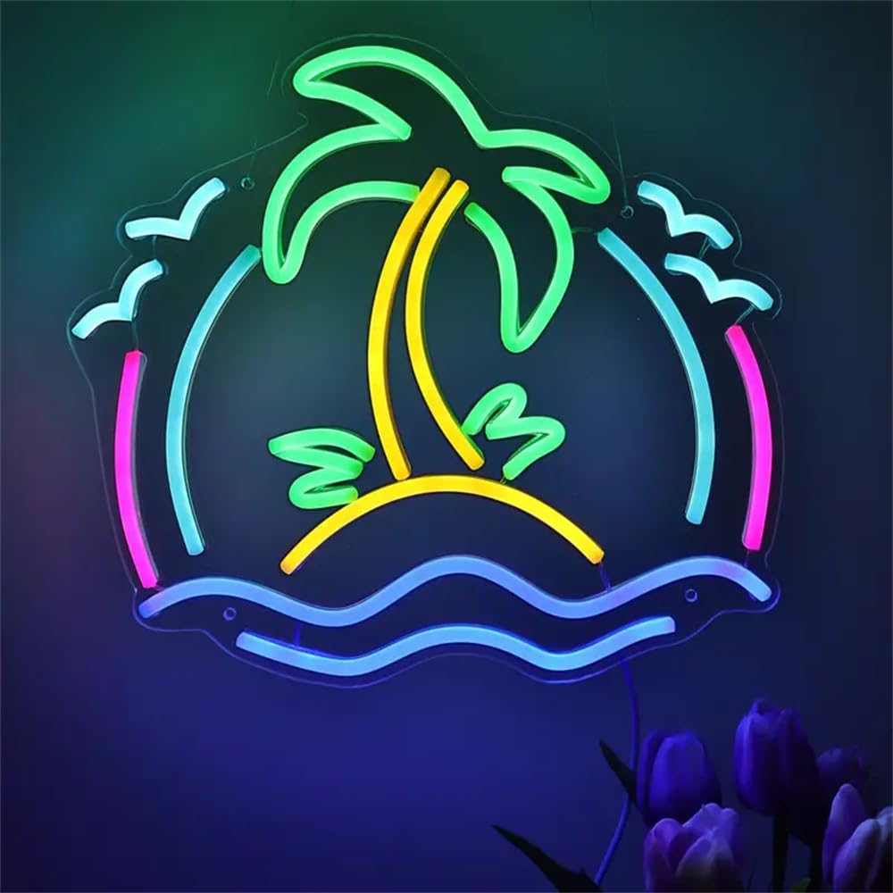 Panneau néon LED alimenté par USB en forme de cocotier et scène de plage pour fêtes, bière, bar, café, plage, paysage naturel, décoration pour boissons froides, lait, thé