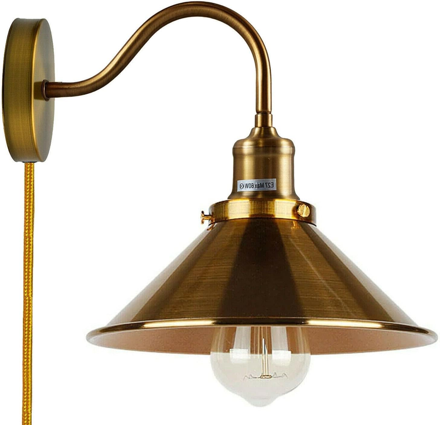 LEDSone Industrial Brass Swan Neck Wall Light – Vintage Hardwired Metal Wall Sconce with Cone Shade, E27 Indoor Lighting for Living Room & Kitchen (Yellow Brass)