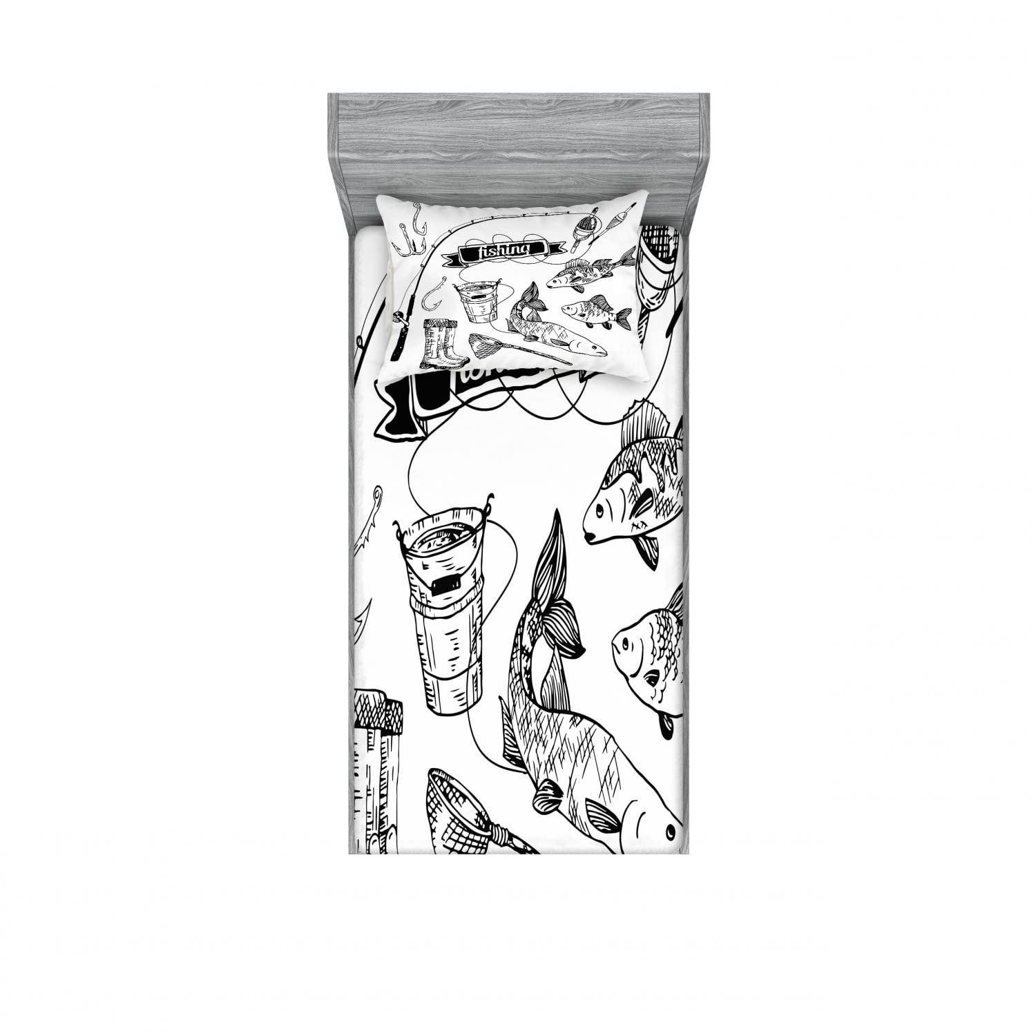 Ambesonne Fish 2 Pack Fitted Sheet & Pillow Sham Set, Hand Drawn Animals, 4 Pcs Bedding Decor, Package Contains 2 Twin Size Fitted Sheets & 2 Pillow Covers, Black White