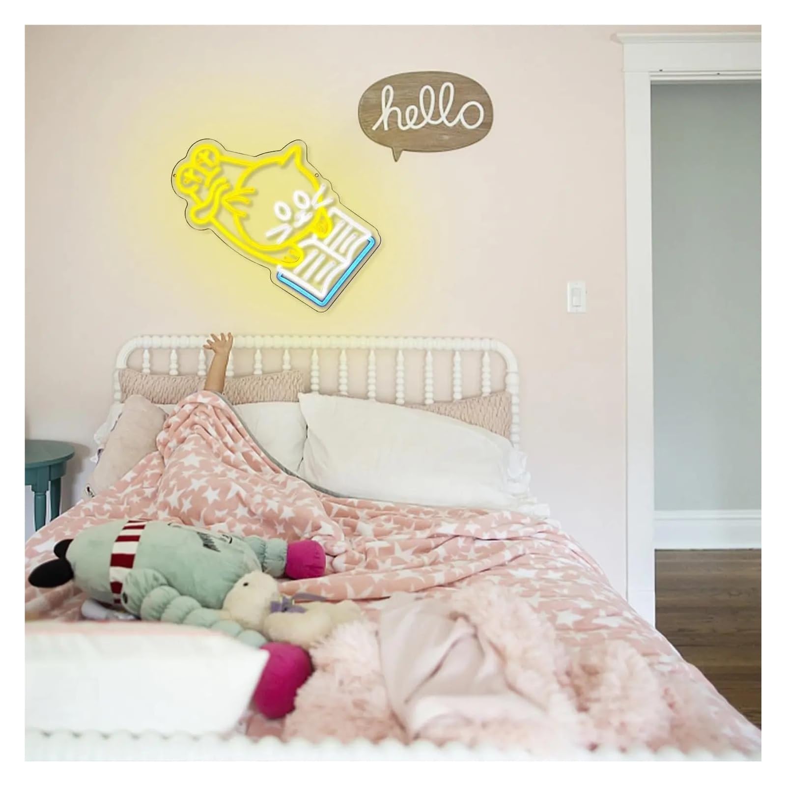 Luces de neón Luces De Neón Con Diseño De Gato Leyendo Un Libro Para Decorar El Dormitorio De Los Niños, El Aula O La Biblioteca, 39 X 31 Cm.