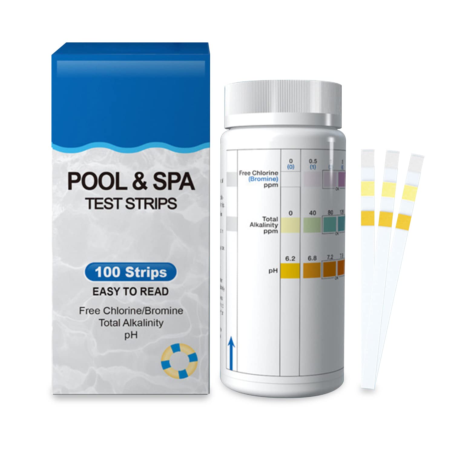 Test Strips for Pool, Hot Tub and Spa, 3 in 1 Tester Strips Kit, Testing Accurate for Free Chlorine/Bromine/Total Alkalinity/PH (100pcs)