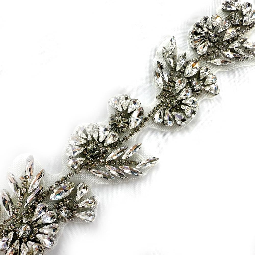 Iron on hotfix Hand-Made Beaded Trim,2 inch Wide 36 inch Lengh Rhinestones Chain,Rhinestone Trim by The Yard for Bridal Belt Hair wear Bag Shose Decoration Accessories (Silver-C)