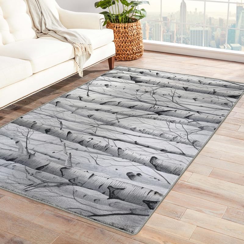 Alfombras de abedul para dormitorio, sala de estar, alfombra de bosque de 5 x 8 pies, lavable, antideslizante, suave, alfombra de área de pelo bajo,