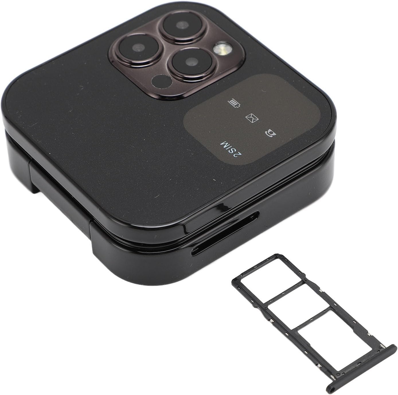 Generic P9 Pro Mini Folding Phone packaging box, showing the phone with SIM card tray pulled out.