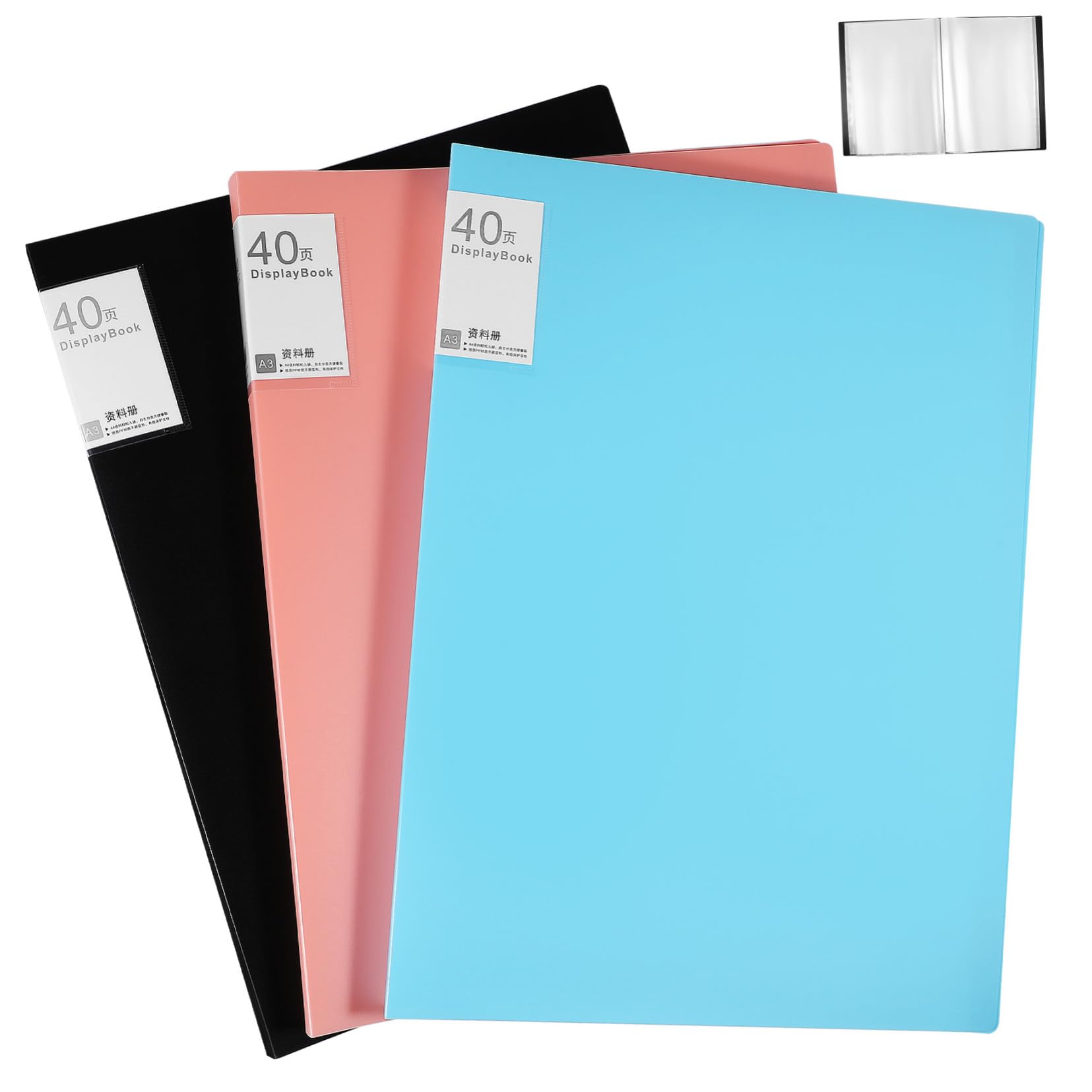 Gatuida 3 Stück Präsentationsmappe mit Seiten Kunststoffhüllen Robust für Dokumentenorganisation Büro Schule Kunstmappe Vielseitig Verwendbar in Schwarz Blau