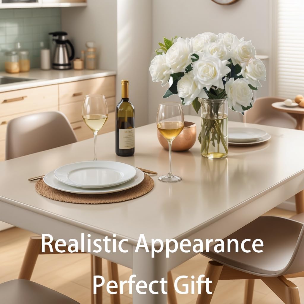 Artificial Flower Rose Bouquet Odorless, 12-Stem Lifelike Single Rose Silk Flowers with Plastic Flowers Stems for Vase Floral Arrangement, Wedding, Home Decor, Sympathy Flowers (Pure White) - Image 4