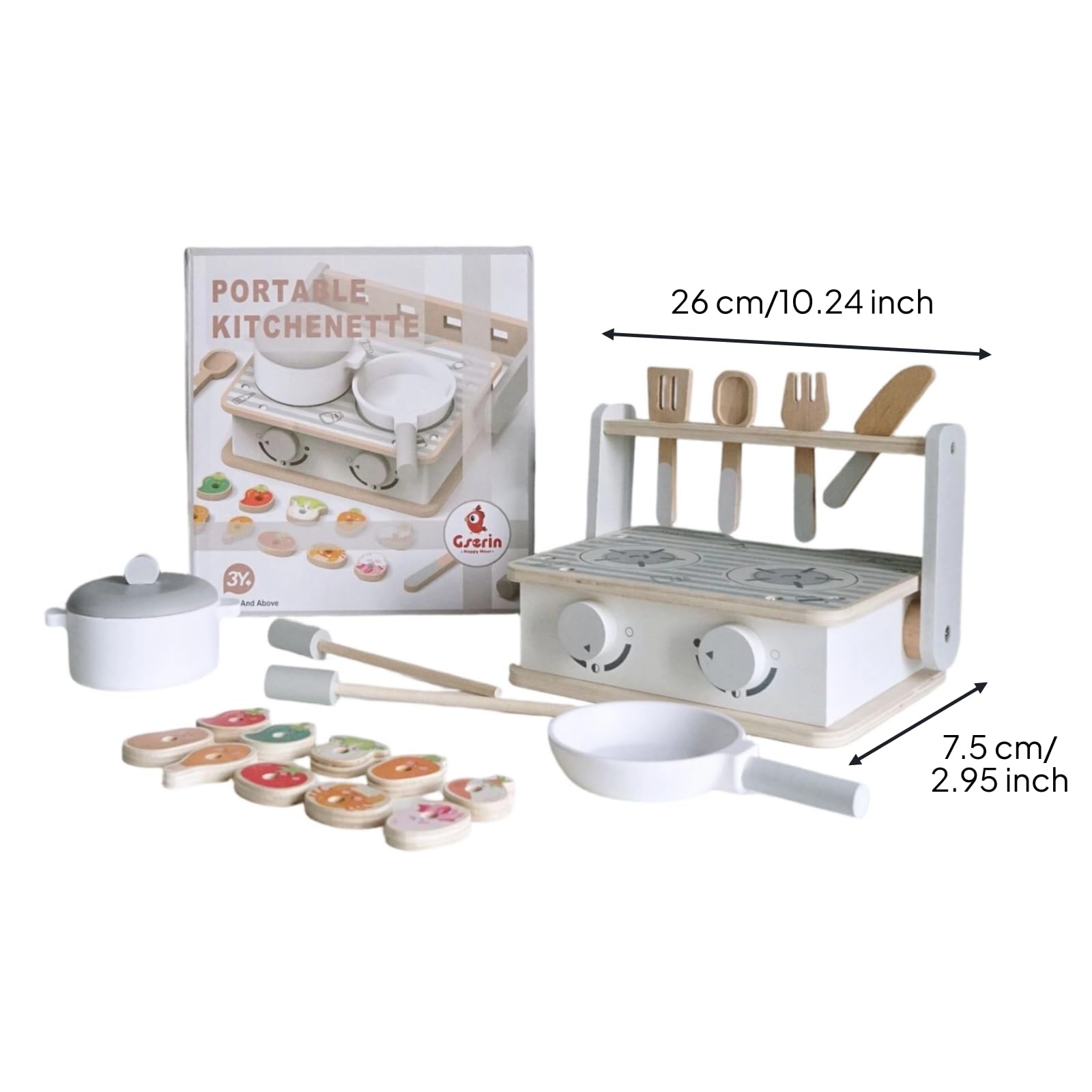 kowaku Cucina Giocattolo Bambini Mini in Legno Portatile Set Cucina Fornello Ripiano Utensili Inclusi con Portautensili a Ganci E Due Manopole Adatta per Gioco Creativo Cameretta Asilo Regali