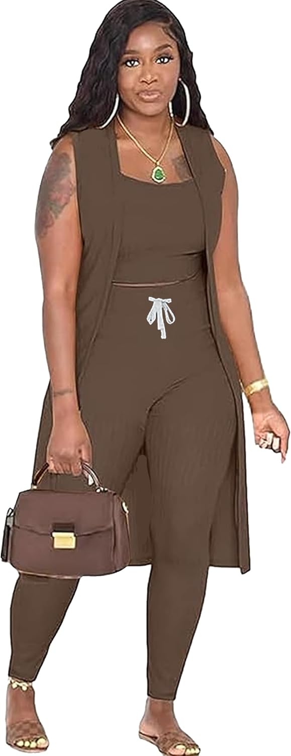 Women's 3 Piece Lounge Pants Set Pajamas Long Cardigan Crop Tank Tops with Drawstring Loungewear Outfit