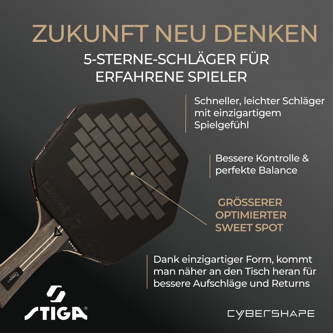 STIGA Pro Carbon+ Cybershape Tischtennisracket, 5-Sterne-Profi-Tischtennisschläger mit sechseckiger Form für Offensive Spieler