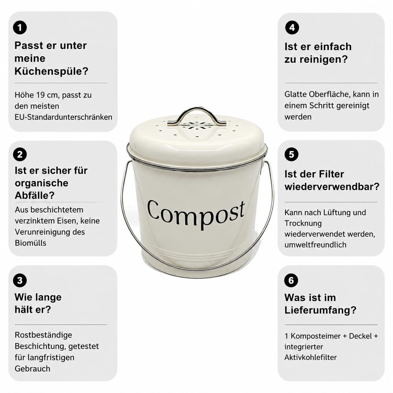 [Ellniges] Komposteimer Küche3,5 L Geruchsdicht aus verzinktem Eisen mit Aktivkohlefilter für Biomüll Spezifikationen: 19*H20,5