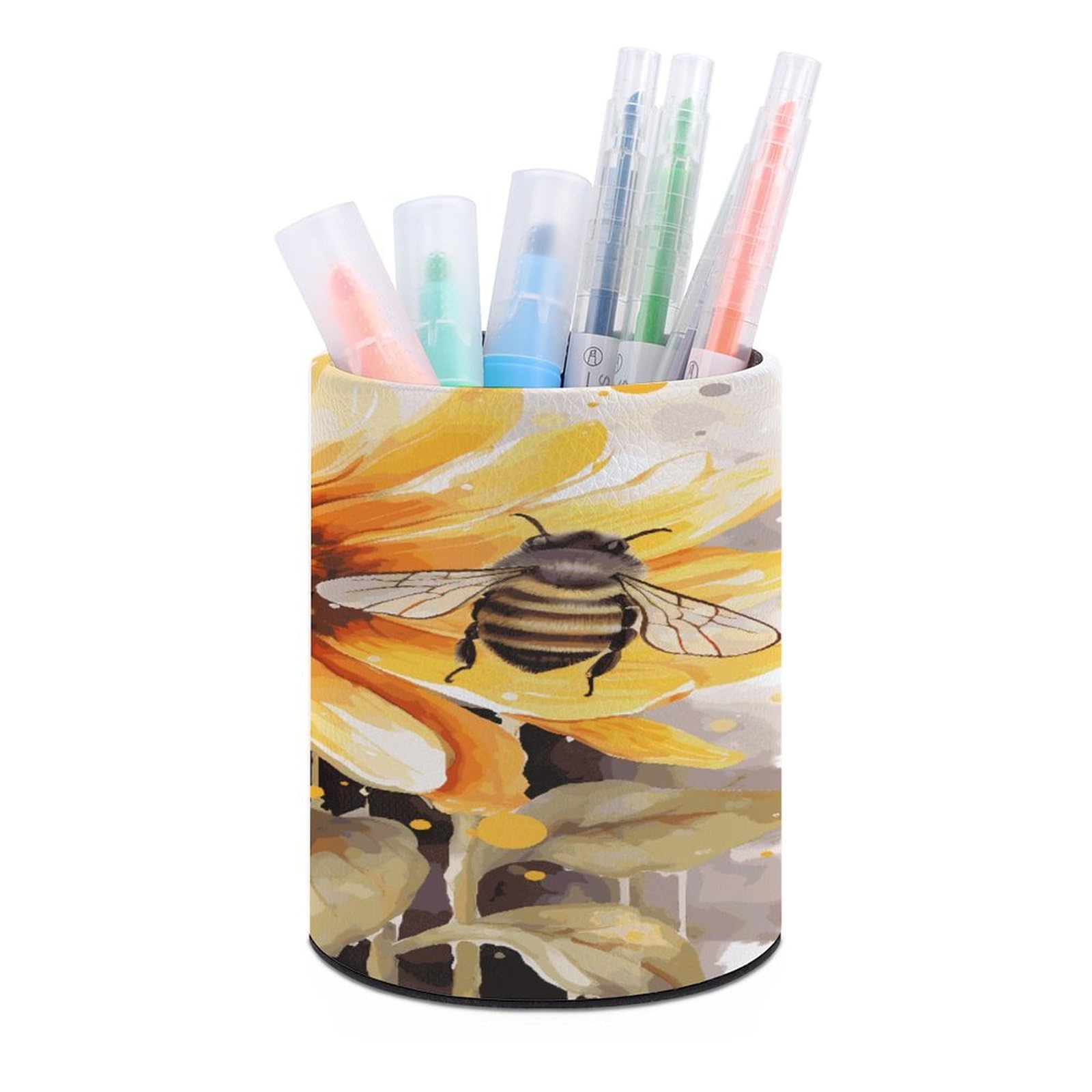 MUSM Blackboard Bees Sunflowers Pen Holder Large Capacity Pen Holder Modern PU Pencil Holders Durable Waterproof Pens Cup for Home Office Desktop Organizer
