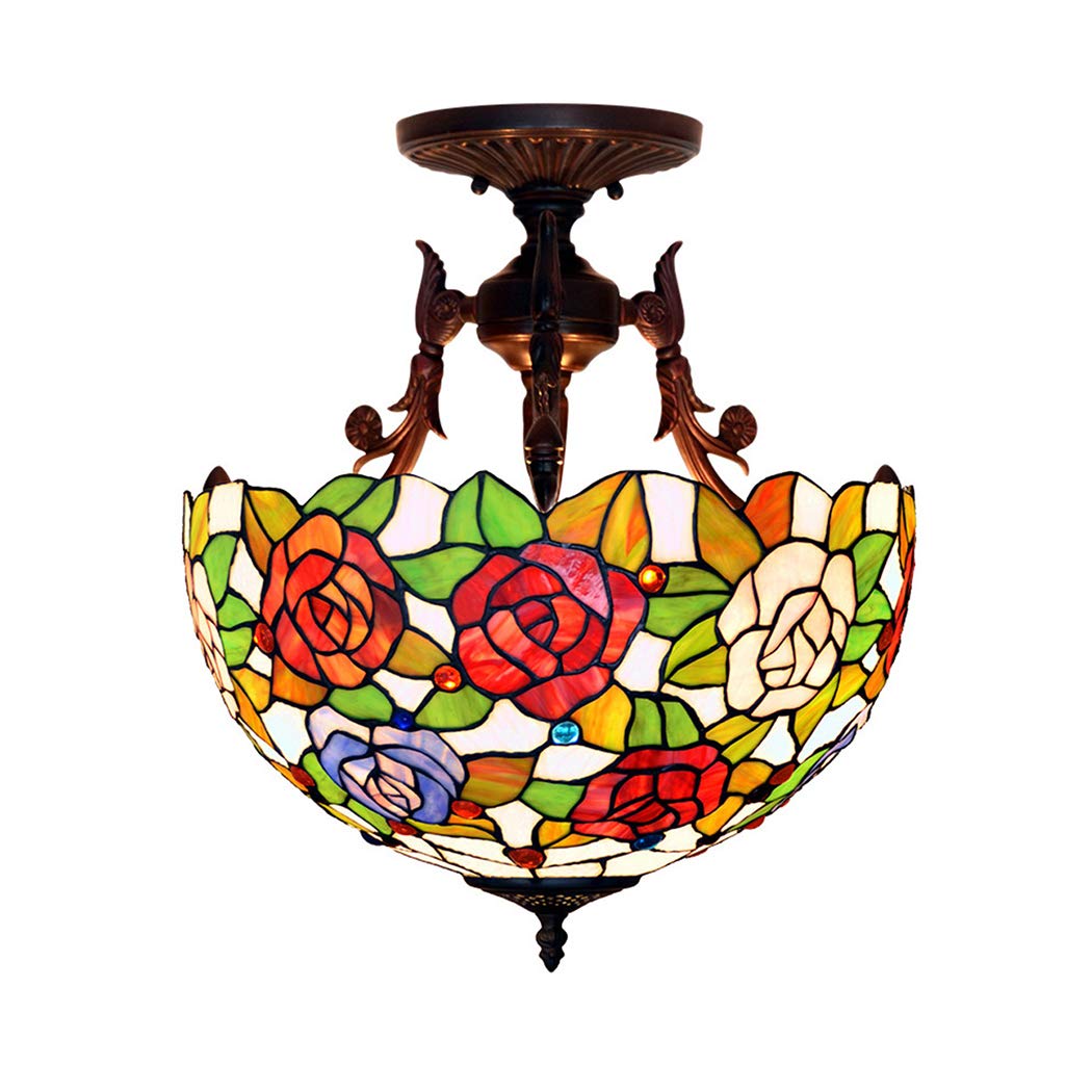 HJRegaFimu Ceiling Fixture Lamp 16 Inch Vintage Flowers Stained Glass Shade E27 3 Lights Pastoral For Bedroom (tulip)