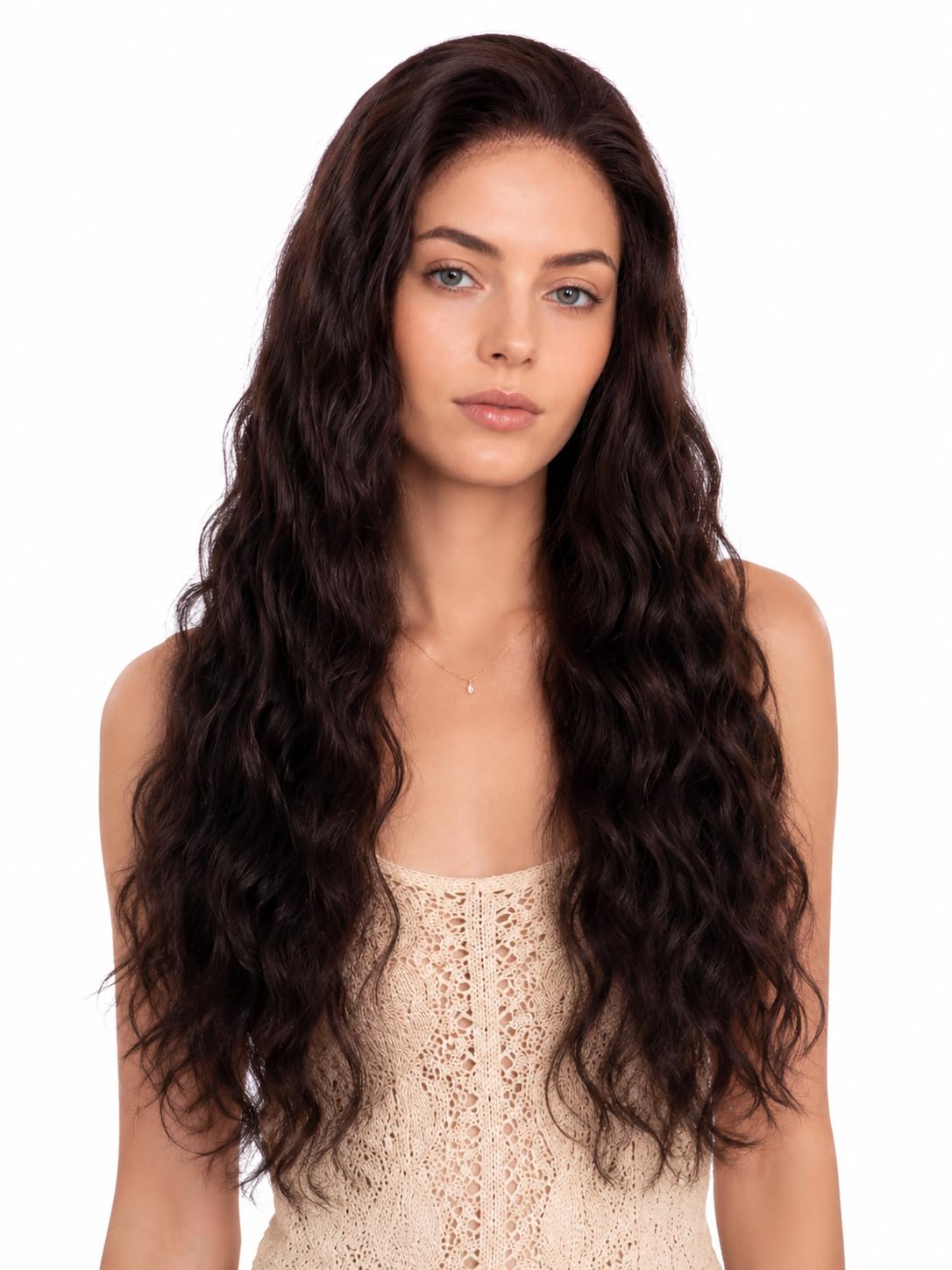 Body Wave Perücke 75 cm Dunkelbraun 33x10 cm Spitzenfront | 100% Echthaar, HD unsichtbare Spitze, vorgezupfte Haarlinie, kleberfrei, Damenperücke, weiche Body-Wave-Textur