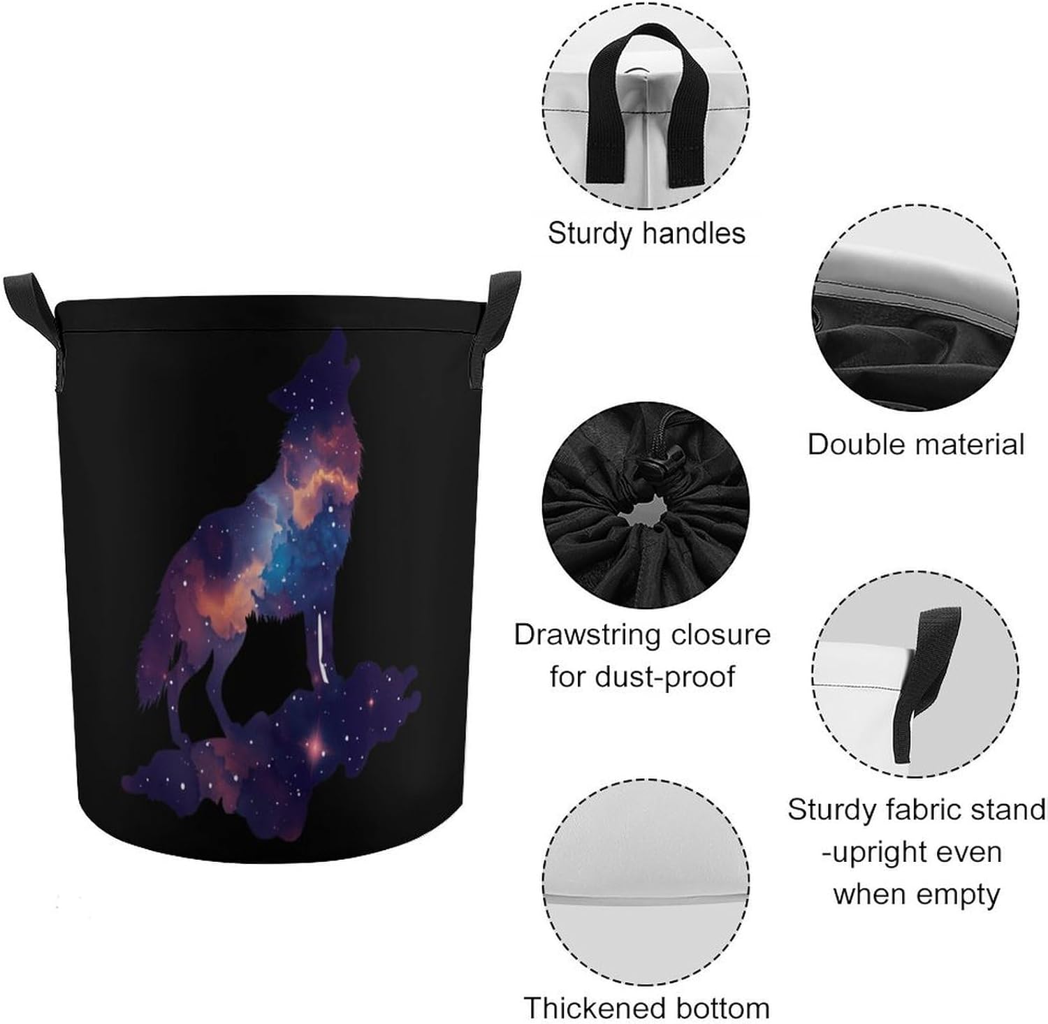 Wolf Galaxy Laundry Basket Dirty Clothes Hamper Storage Laundry Bag with Handles for Dorm Room 44x35cm