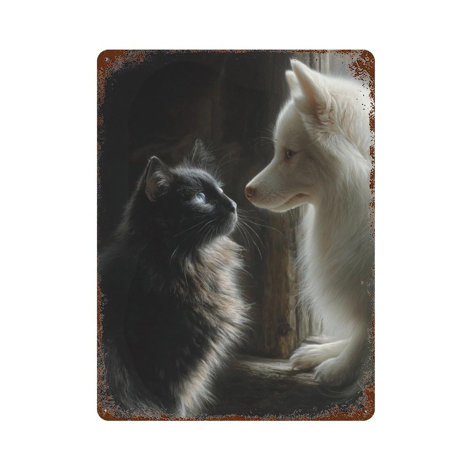 Fox And Cat Friendship -1 Rust Effect Tin Sign 15.7"x11.8", Retro Wall Decor for Pub, Kitchen And Man Cave Decor