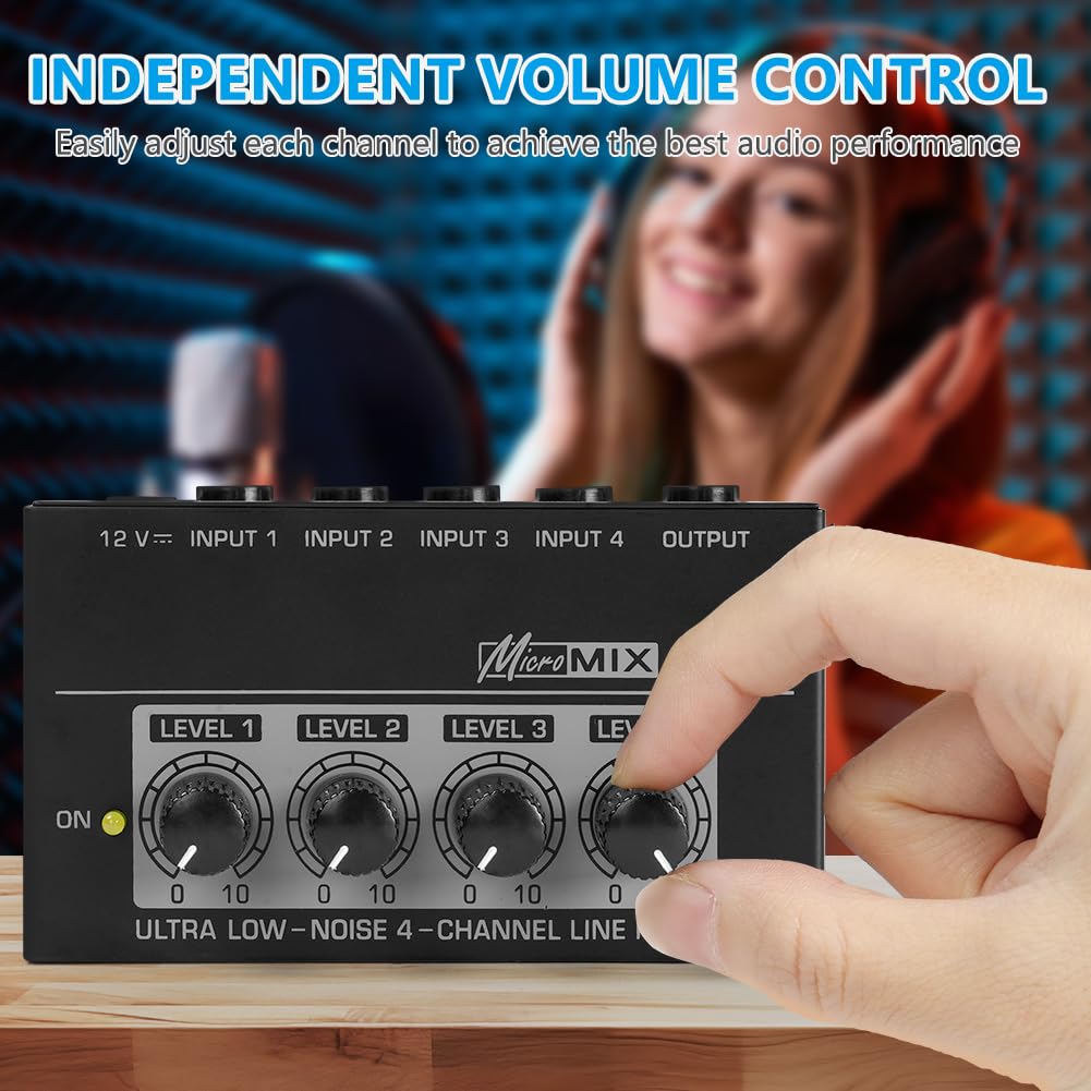 OFFCUP Mixer Audio, 4 Canali Mini Mixer Audio, Audio Mixer Portatile 4in1out, Mixer Basso Rumore per Microfoni Chitarre Bassi Tastiere e Mixer di Palco -Nero
