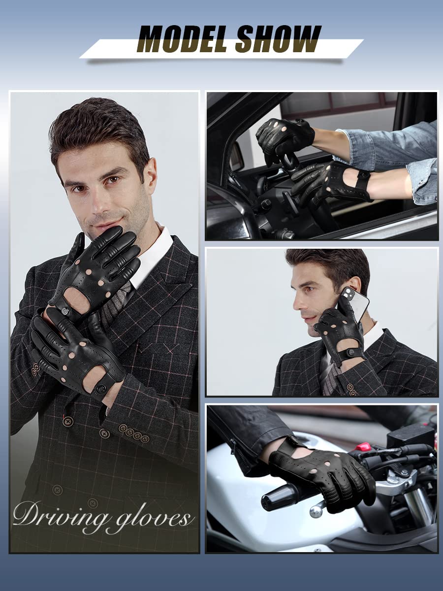 GSG SINCE 1998 Guanti Uomo Vera Pelle Guanti da Guida – Senza Fodera, Pelle di Pecora, Touchscreen, Design Traspirante con Fori, Chiusura a Bottone M210611