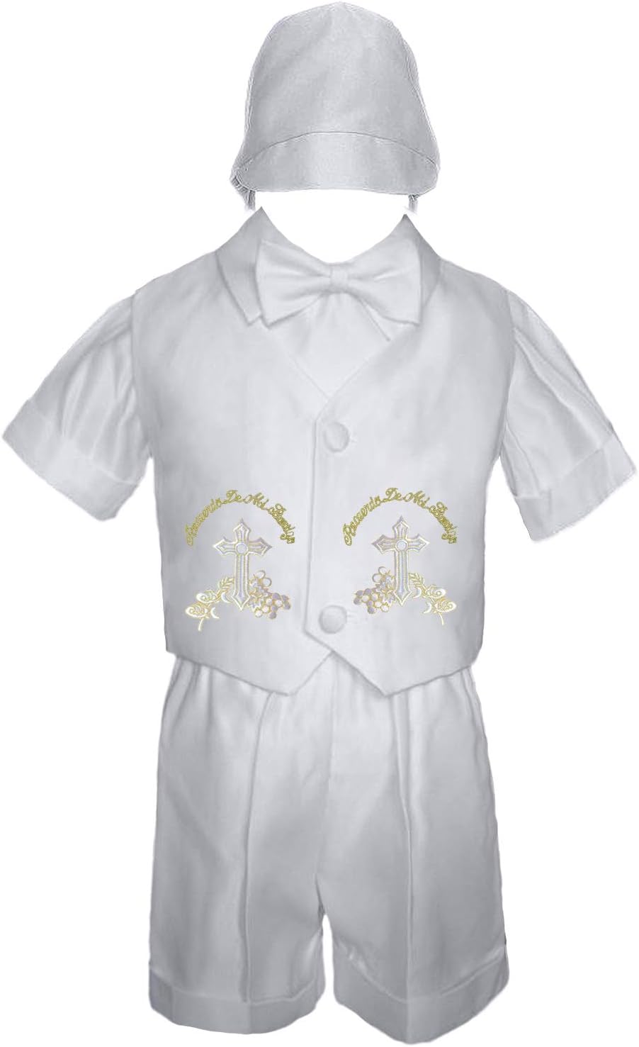 4 PC Baby Boys Christening Baptism Communion Shorts Set Gold or Sliver Embroidery Thick Cross Grapes SM-4T