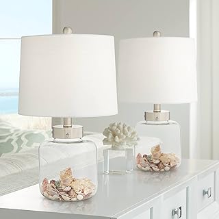 Country Coastal Small Accent Table Lamps 20.5" High Set of 2 Clear Glass Fillable Shells White Drum Shade Decor for Living...