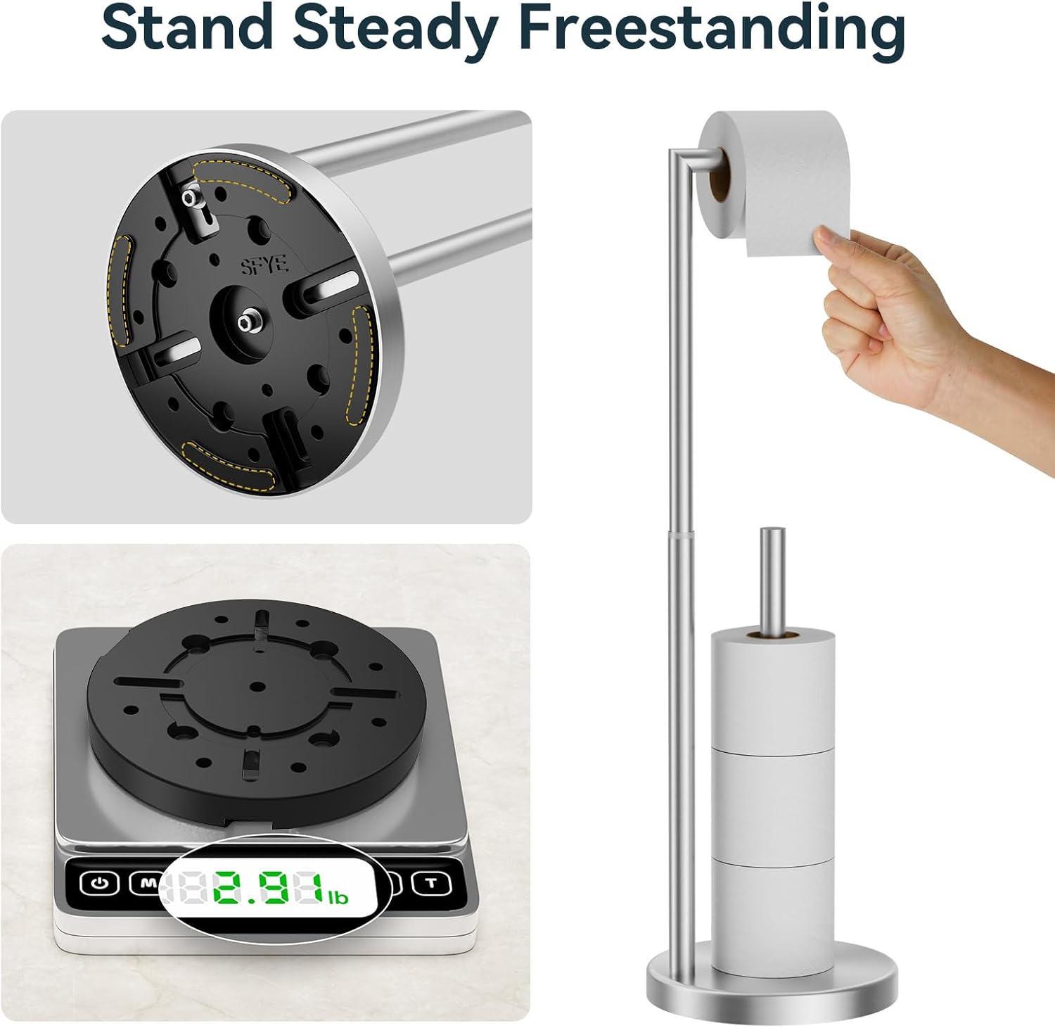 QFN Toilet Paper Holder Stand, Free Standing Toilet Paper Holder Storage, SUS 304 Stainless Steel and Weighted Base, Adjustable 16-26" H, Brushed Nickel