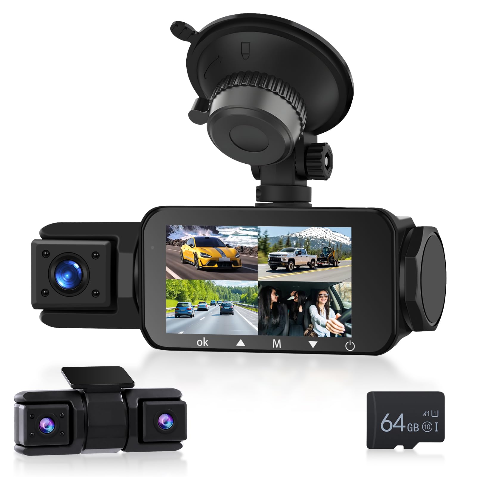 Podofo HD 2K Cámara Frontal, 360 Grados Dash CAM con Cámara Trasera, 4-Canal de a Bordo de la cámara del Coche G-Sensor de detección de Movimiento de grabación en Bucle 64G TF