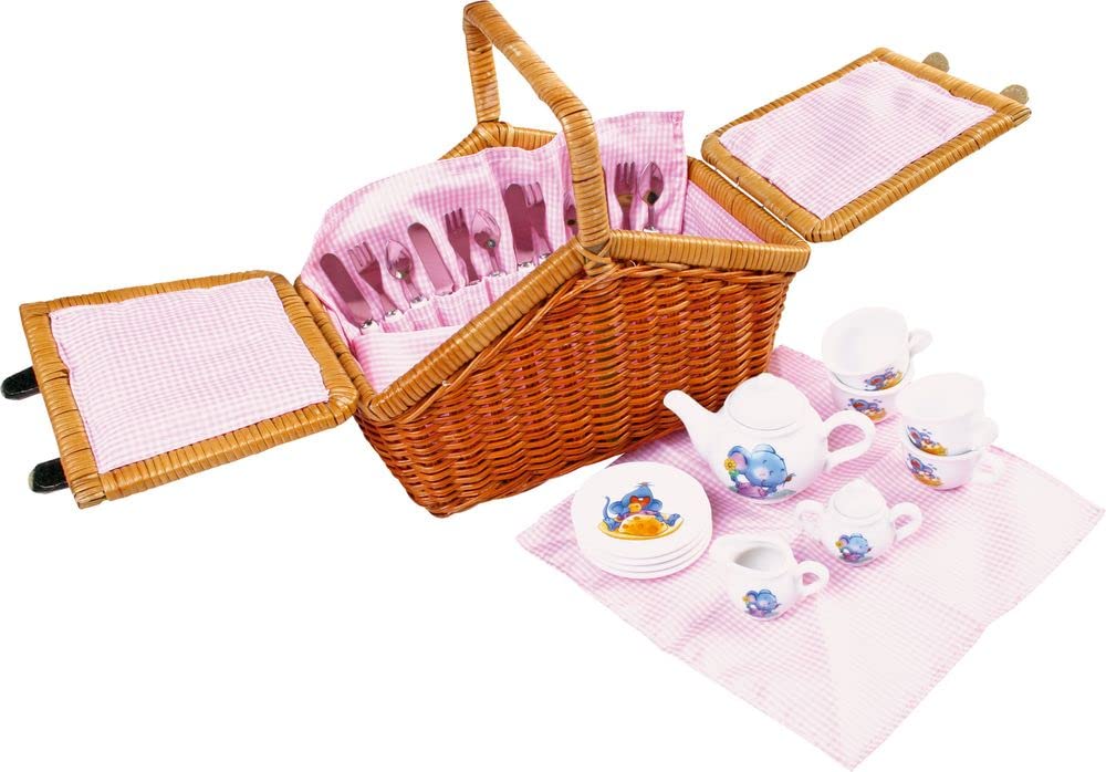 small foot Picknickkorb Romantik aus beflochtenem Holz, Inklusive Geschirr-Set, ab 3 Jahren, Art.-Nr. 5300, Rosa