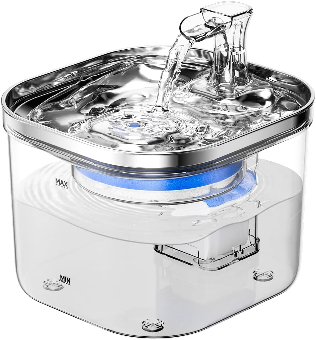 Cat Water Fountain, 68oz/2L 304 Stainless Steel Pet Fountain Water Bowl, Quiet Electric Automatic Pet Water Dispenser with 3 Filters, Pet Drinking Fountains for Cats, Small Dog, Multiple Pets(Clear)