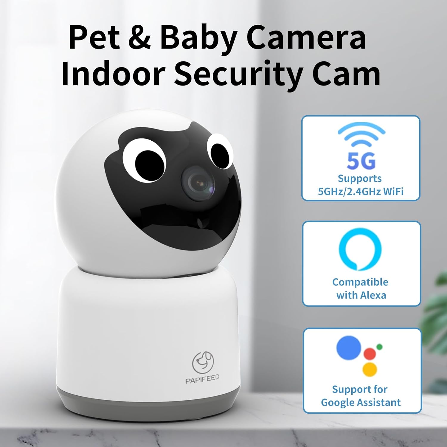 PAPIFEED Pet Camera with icons for 5GHz/2.4GHz WiFi, Alexa, and Google Assistant compatibility