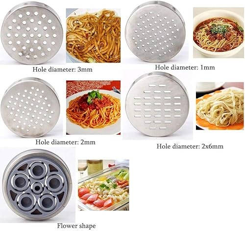 Miniatura 4 de XIAN Máquina manual para hacer pasta, máquina de exprimir jugo de pasta de acero inoxidable, para hacer fideos y fettuccine, con 5 moldes de fideos