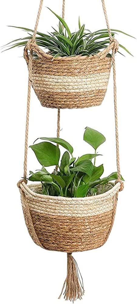Hanging Seagrass Planter Basket, 2 Size Woven Plant Pot Indoor Outdoor - Flower Pots Cover Storage Basket Plant Containers for Home Decor (Beige)