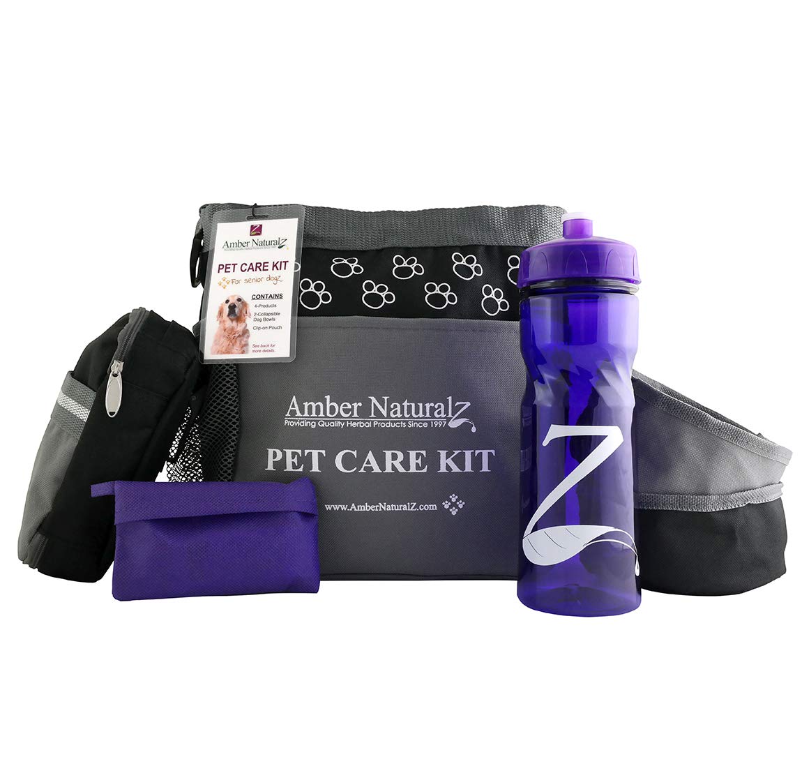 Amber NaturalZ Pet Care Kit for Senior Dogs | with Herbal Pet Supplements Adizone, Cartricil Plus, DermaNERV, and Life Cell | Includes Care Bag, Pouch, Water Bottle, Bandage Kit, Food and Water Bowls