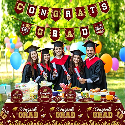 Image of Maroon and Gold Graduation Party Tableware Kit for 24 Guests Class of 2026 Graduates Decorations and Supplies with Congrats Grad Banner, Plates, Graduation Tablecloth, Napkins and More