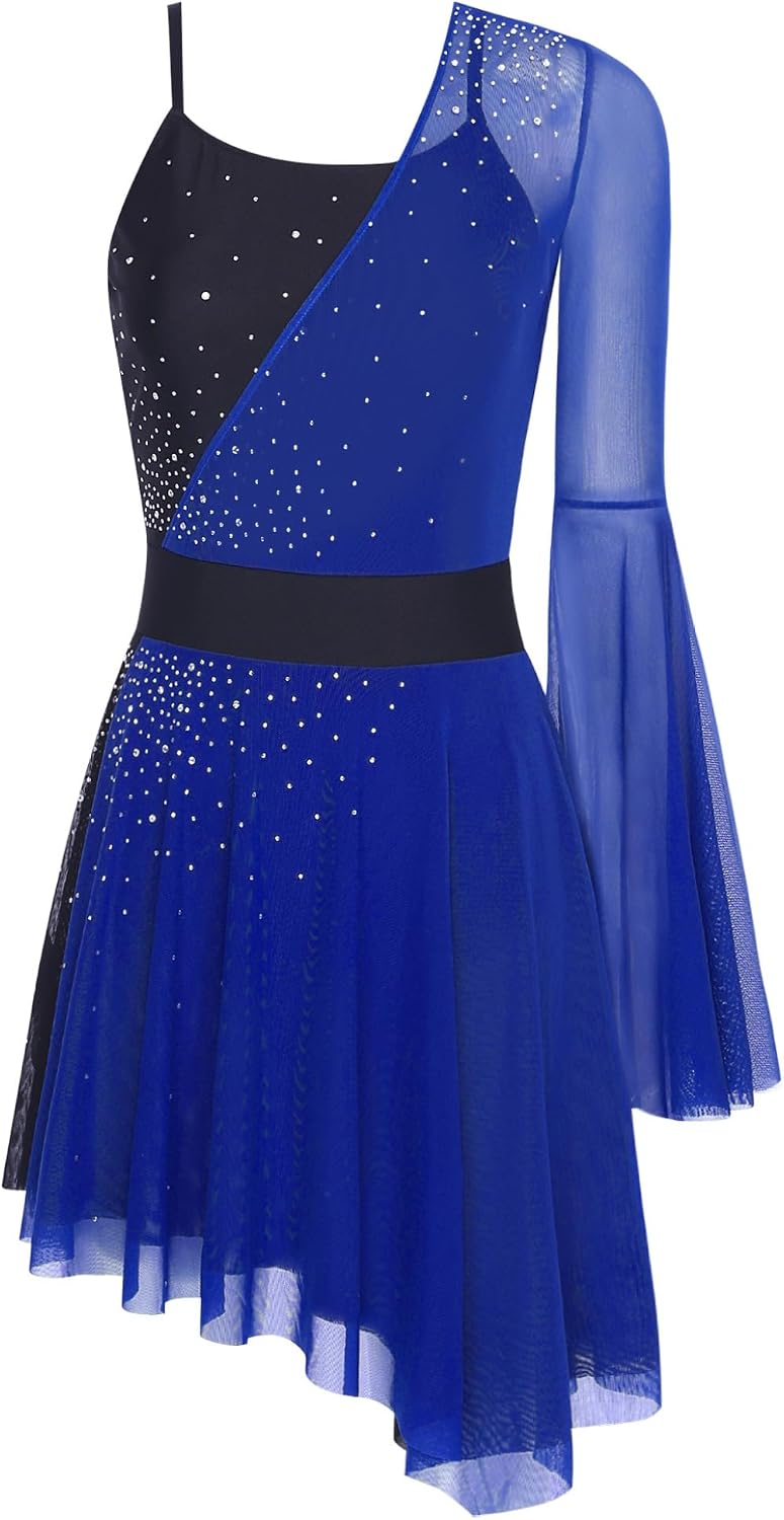 Women Figure Ice Skating Dress Adult Sparkly Rhinestone Lyrical Ballet Leotard Performance Skirt