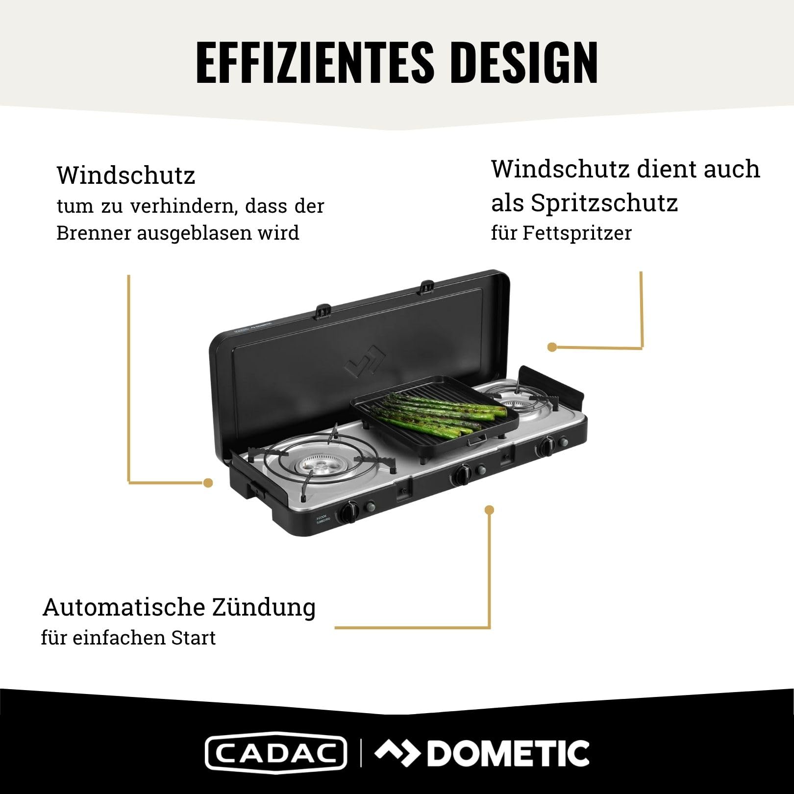 CADAC - 3 Cook Turbo FFD Deluxe - 50mBar - Grillen - Tragbare Grills - Kochfläche aus Edelstahl - Inkl. Schutzhülle - Campingplatz - BBQ-Must-Haves