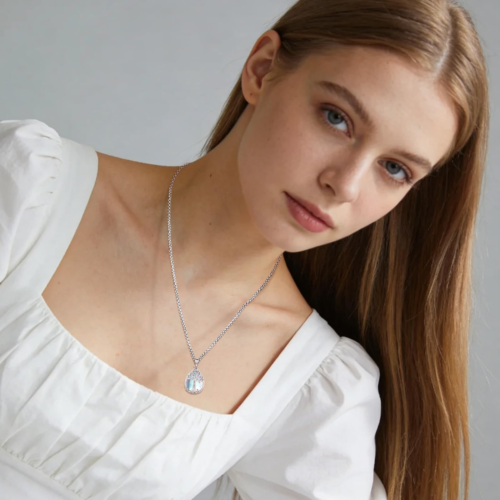 Eusense Lebens Baum Halskette für Frauen Stammbaum Kette Mondstein Anhänger Kristallherz Halskette Schmuck Geschenk für Mama Lebensbaum Schmuck