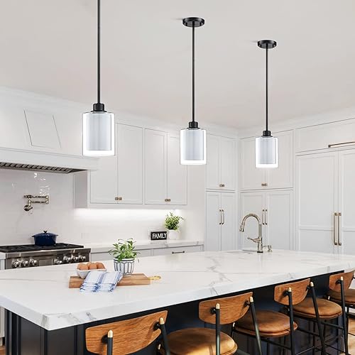 Miniatura 7 de Paquete de 2 lámparas colgantes de isla de cocina para interiores, lámpara colgante de 5 pulgadas de vidrio esmerilado transparente, acabado negro