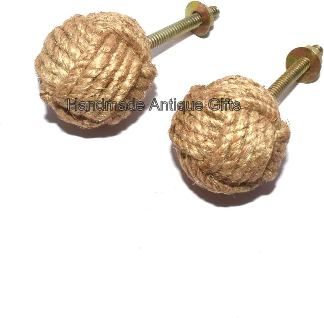 Jute Rope Door Knobs/Rope Knot Drawer Pulls and Knobs/Pull and Push Handle Knobs for Cabinets, Wardrobes & Cupboards/Nautical Hardware Decor, 35 mm (2)