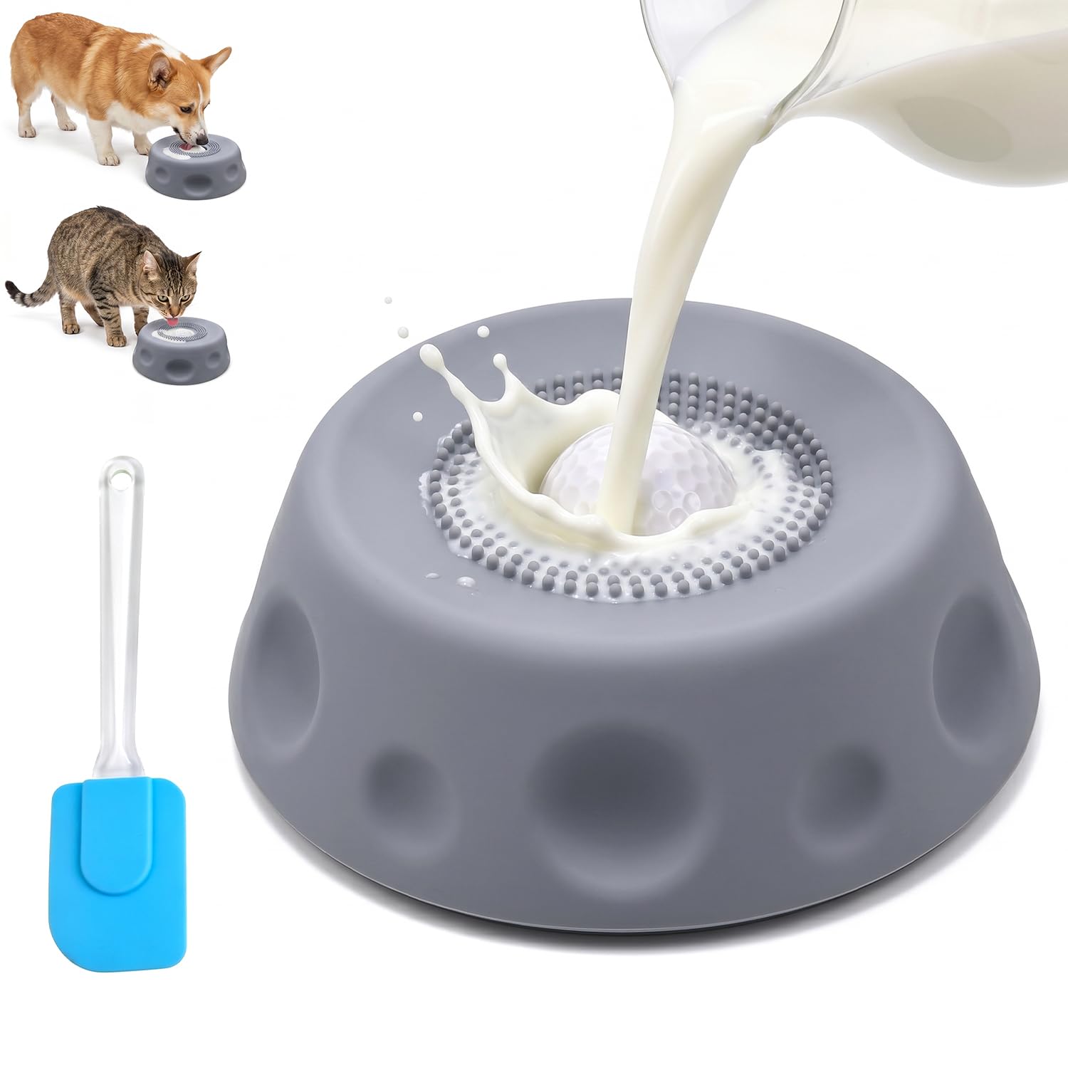 Dog Licking Bowl with Ball, Dog Liquid Bowl with Bottom Anti Slip Suction Cup, 250ml Capacity Slow Feeder Silicone Dog Bowls with a Silicone Spatula, Dog Lick Toy for Bone Broth & Calm Feeding