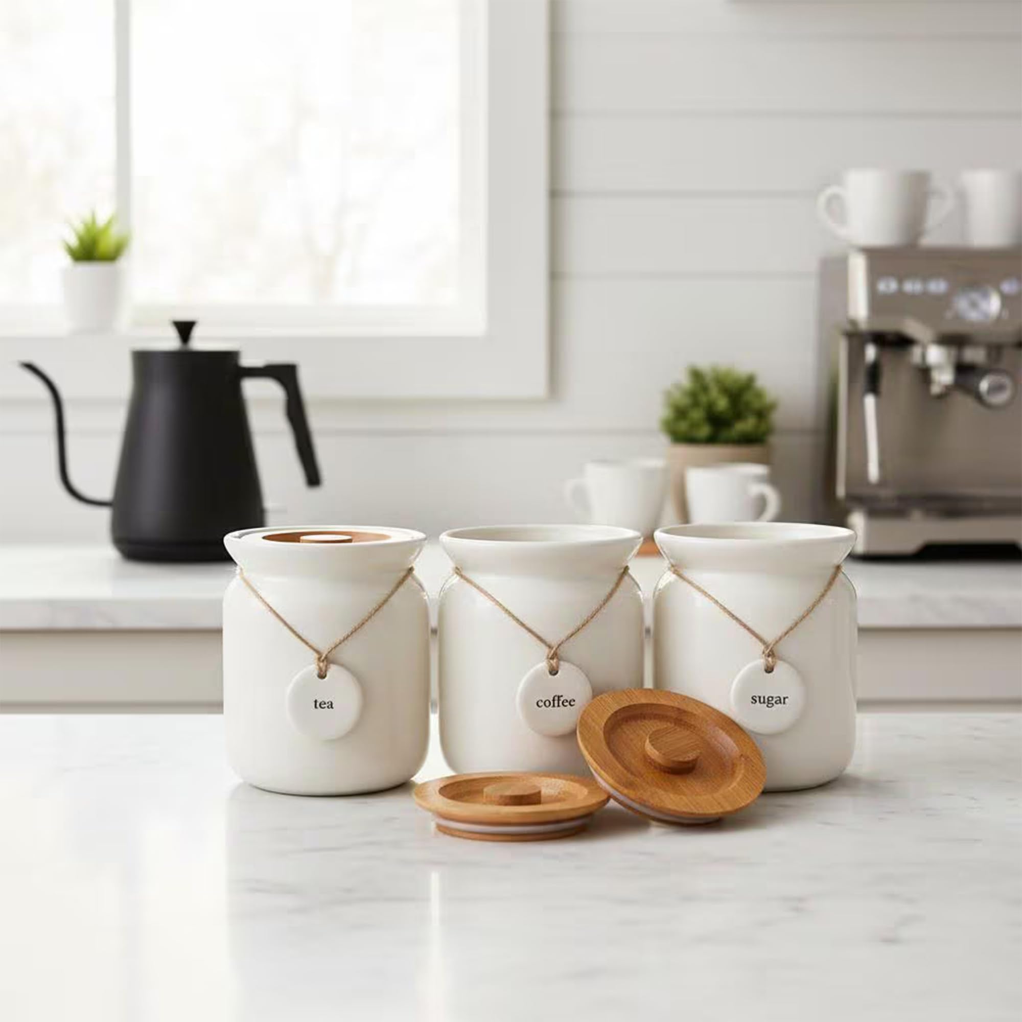 BMLIMITED BML Airtight Set of 3 White Ceramic Tea Sugar Coffee Canister Rope Labels Kitchen Storage Canisters Jars With Bamboo Lid For Kitchen Counter