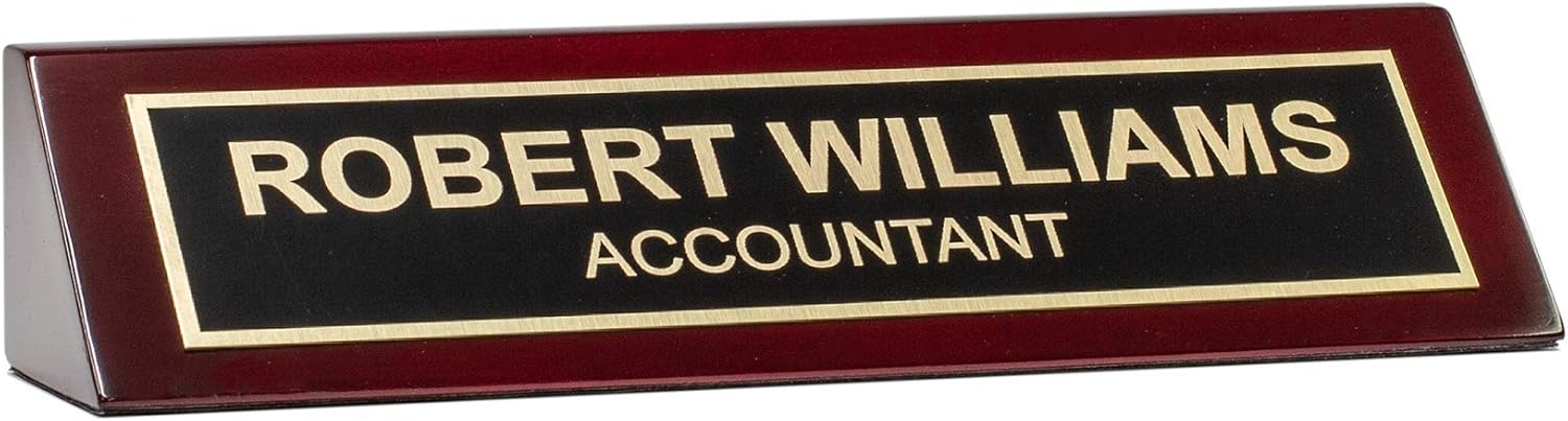 Rosewood Piano Finish Custom Personalized Desk Name Plate Sign, 2" x 10", Black and Gold Plate