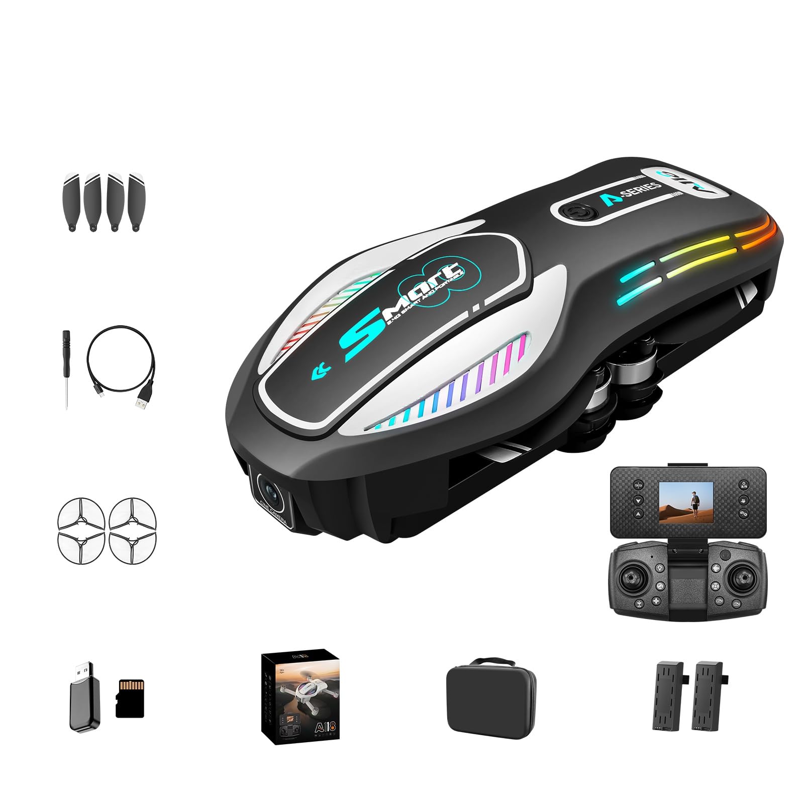 A118 Drone con Schermo Removibile & Doppia Camera HD 90° - 6 Modalità Luci LED, Evitamento Ostacoli, Motore Brushless, Volo Stabile a Flusso Ottico, Autonomia 13 Min (black)