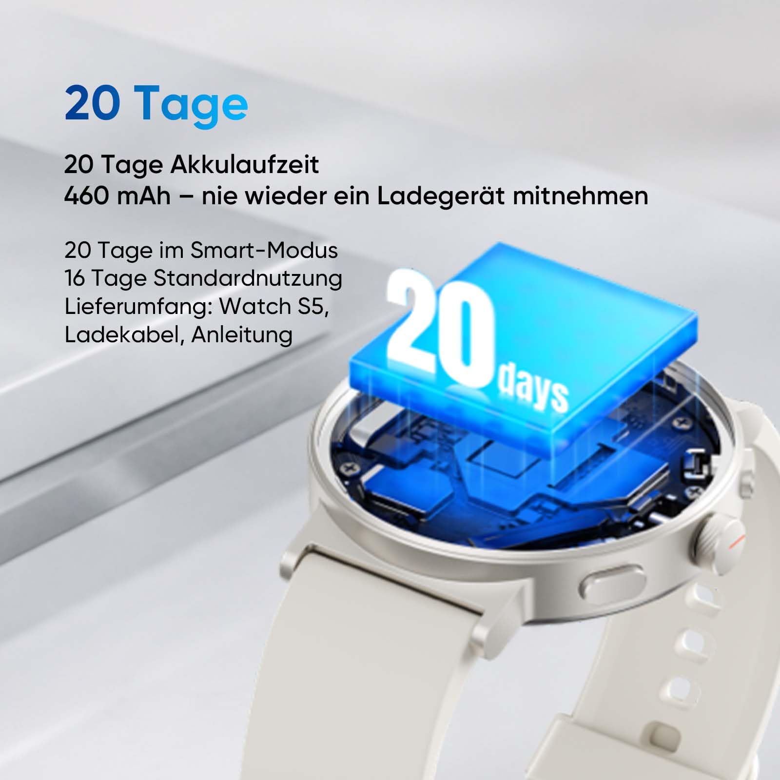 realme Watch S5 Smartwatch 1,43" AMOLED 1500nit, 5ATM Étanche, GPS Indépendant 5 GNSS, Autonomie 20 Jours, 110 Modes Sport, Surveillance Santé IA, Appels Bluetooth, Blanc